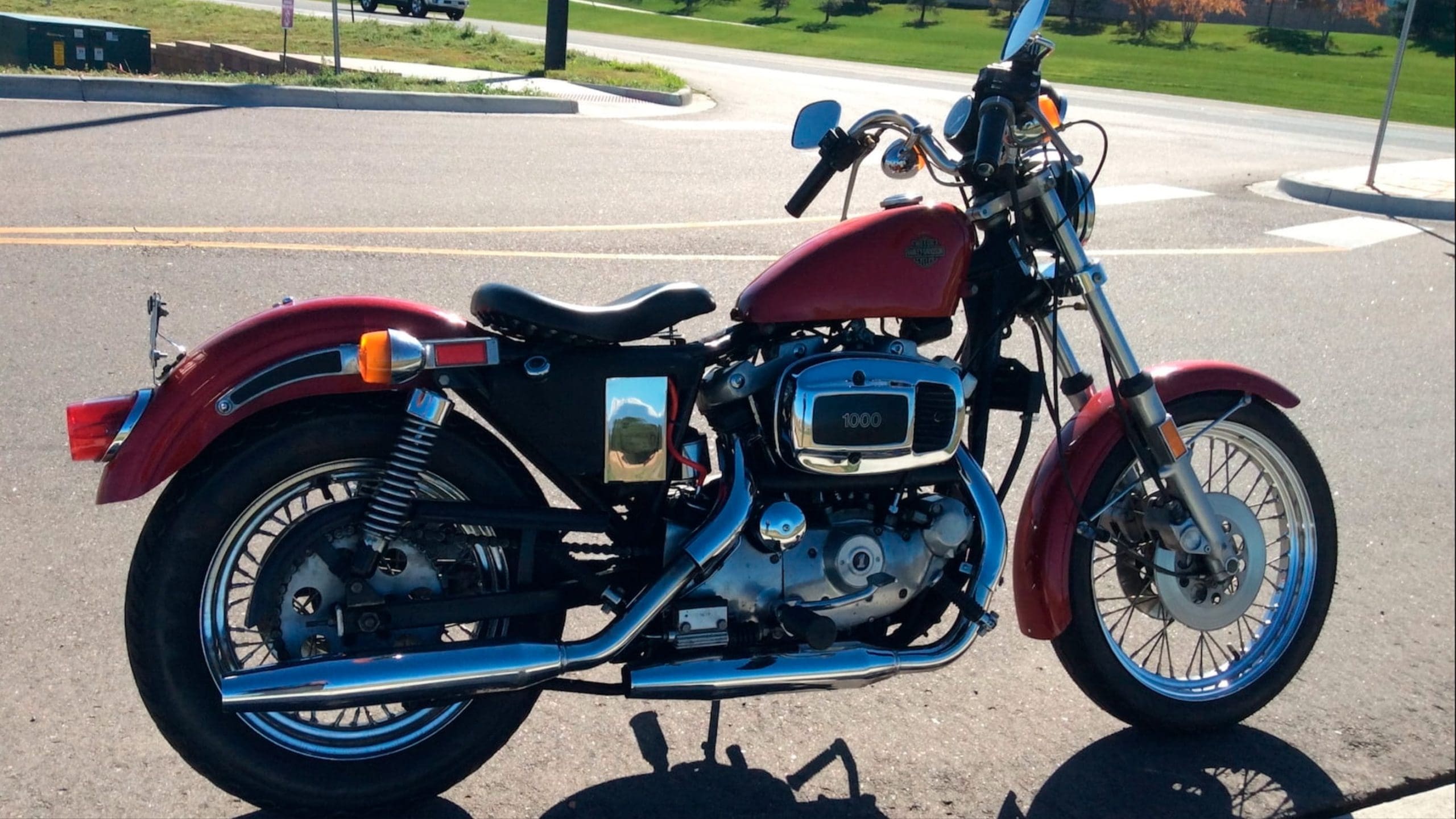 A 1980 Harley-Davidson Sportster motorcycle on a road