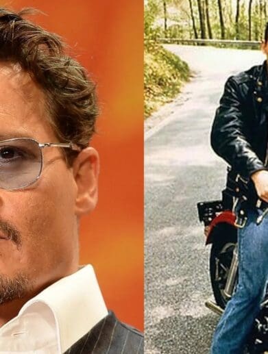 Johnny Depp against a picture of character 'Wade' on his motorcycle in the hit flick "Crybaby" (1990)