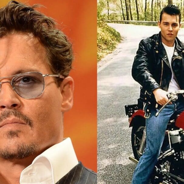 Johnny Depp against a picture of character 'Wade' on his motorcycle in the hit flick "Crybaby" (1990)