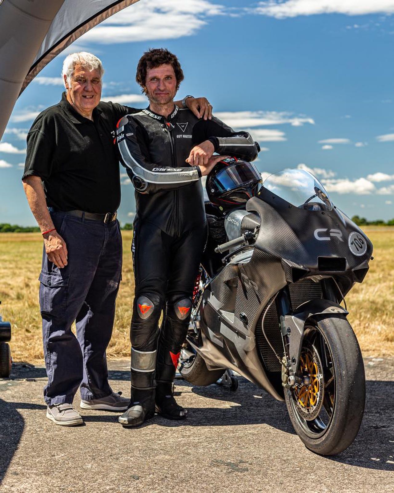 Brian Crighton with Guy Martin next to teh Crighton 700W. Media sourced from Guy Martin's Facebook page.