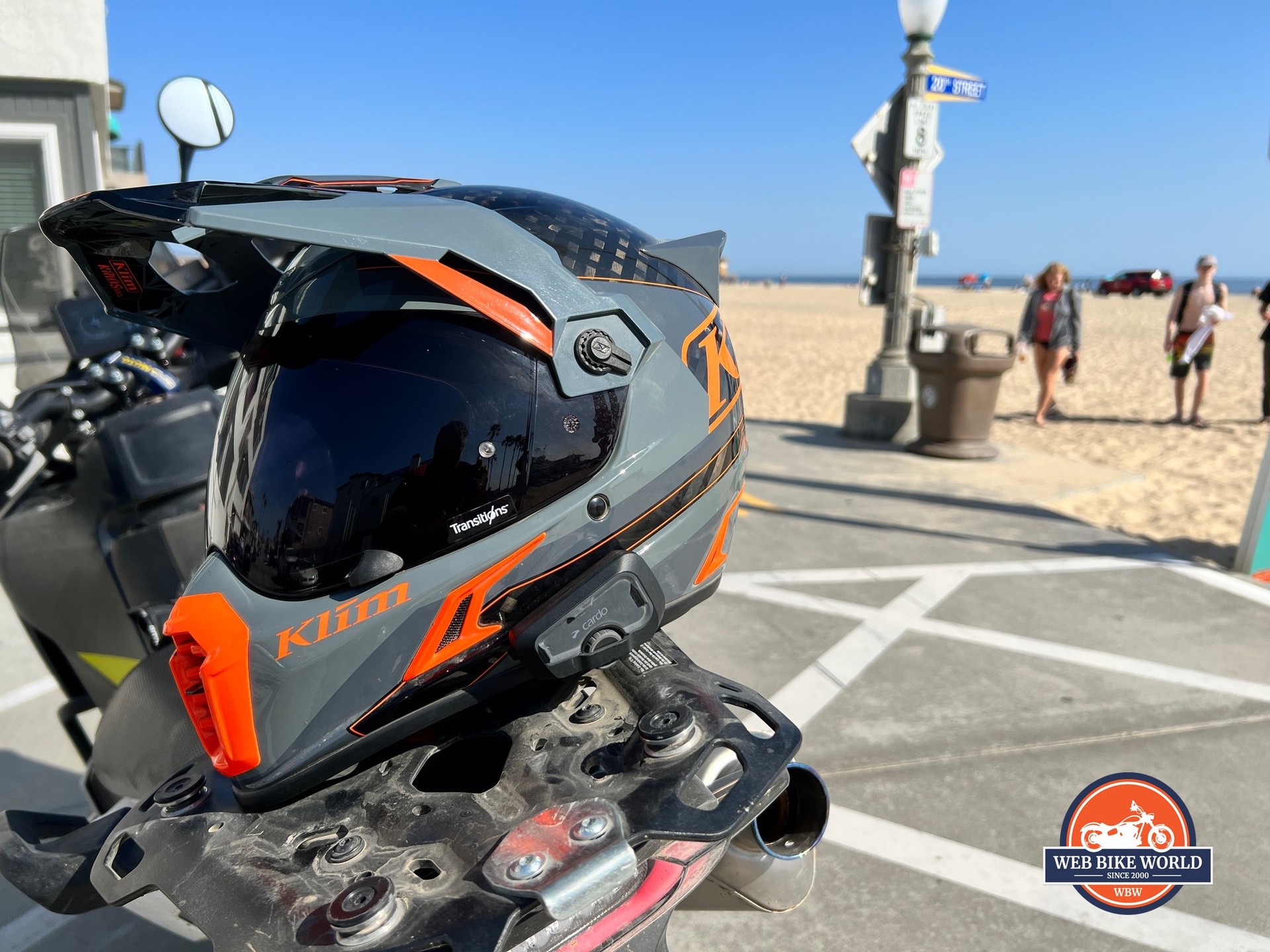 The Cardo Freecom 4X on a Klim Krios Pro helmet at Newport Beach, CA.