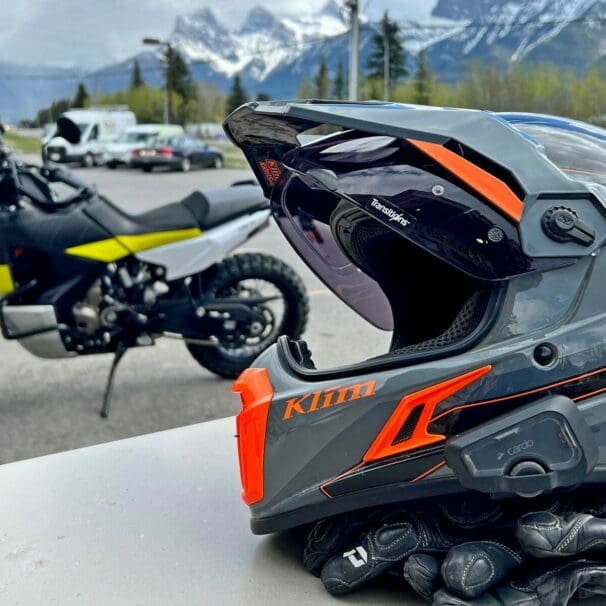 The Cardo Freecom 4X installed on a Klim Krios Pro in Canmore, Alberta.