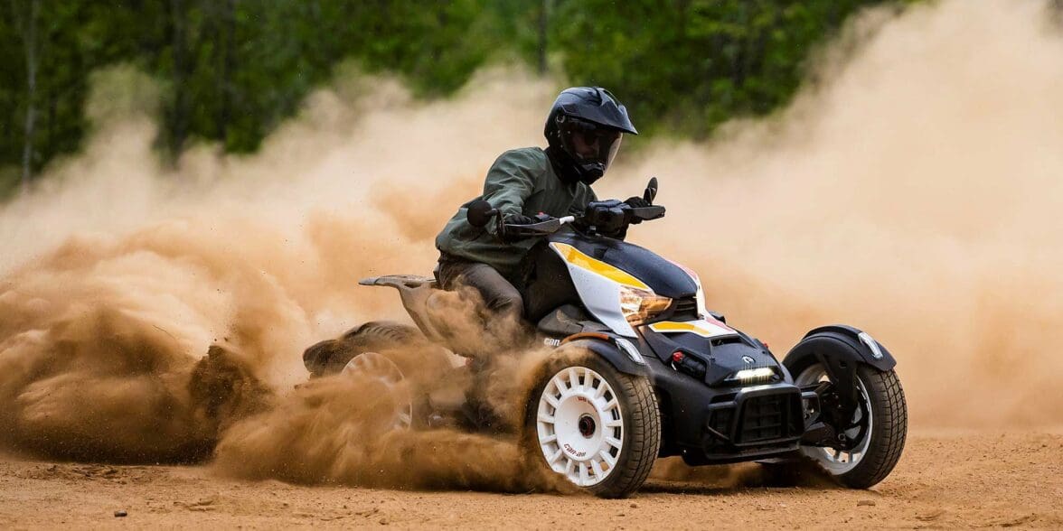 A rider drifting on the new Ryker rally edition. Media sourced from CycleWorld.