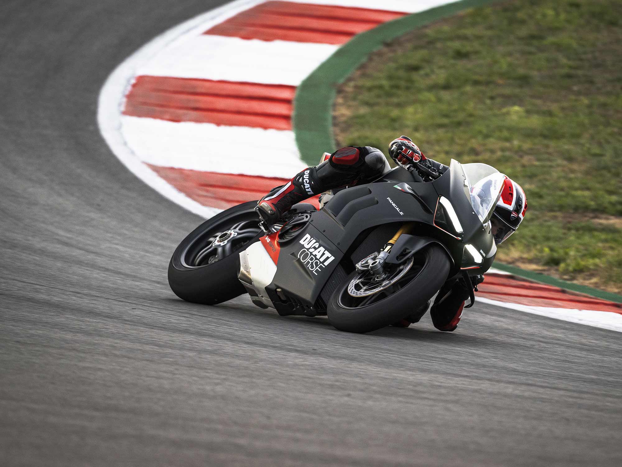 The Ducati Panigale V4 SP2 on a racetrack. Media sourced from CycleWorld.