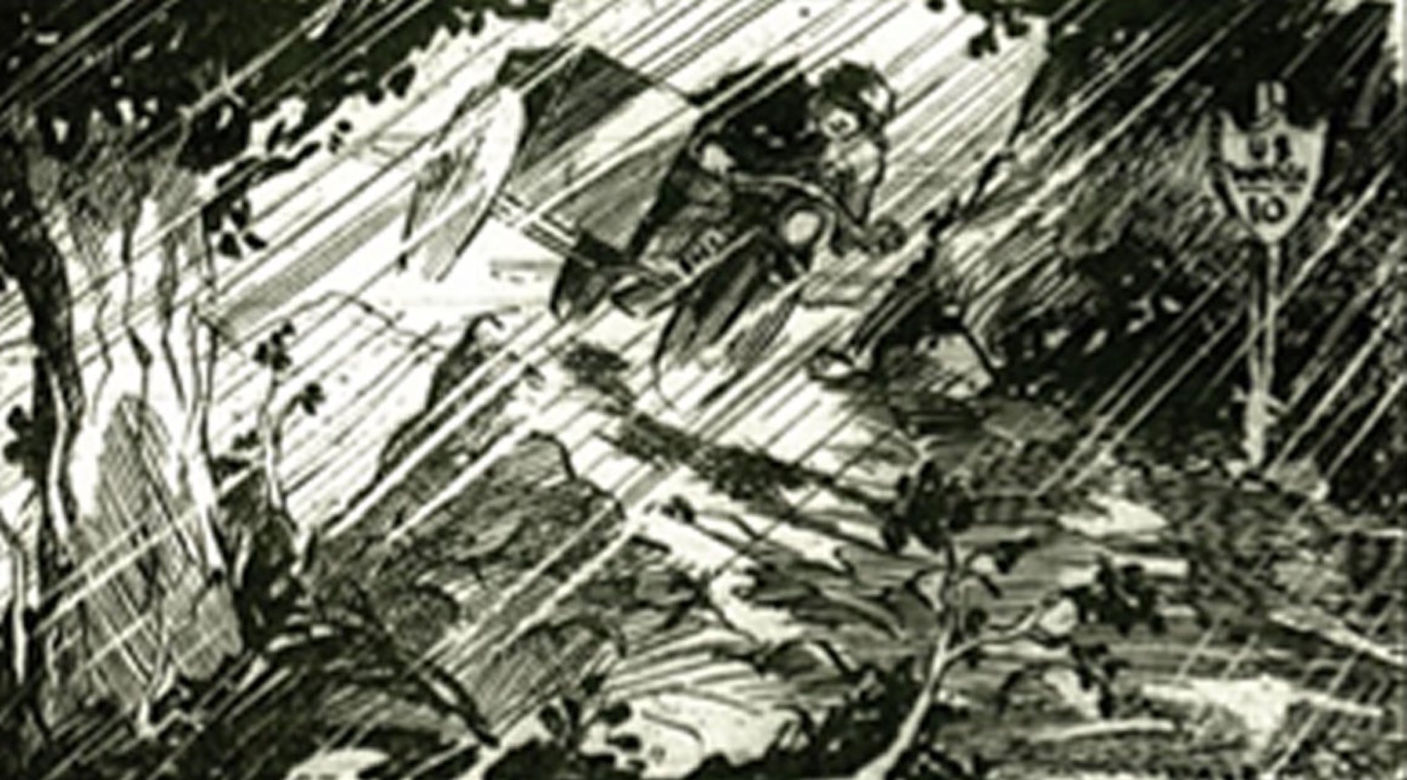 An illustration of Clifford Amsbury riding through a mid-November storm to get a serum to Frank Walter Sagar's crushed leg. Media sourced from the the Pacific Northwest Museum of Motorcycling (PNMM) Facebook page. 