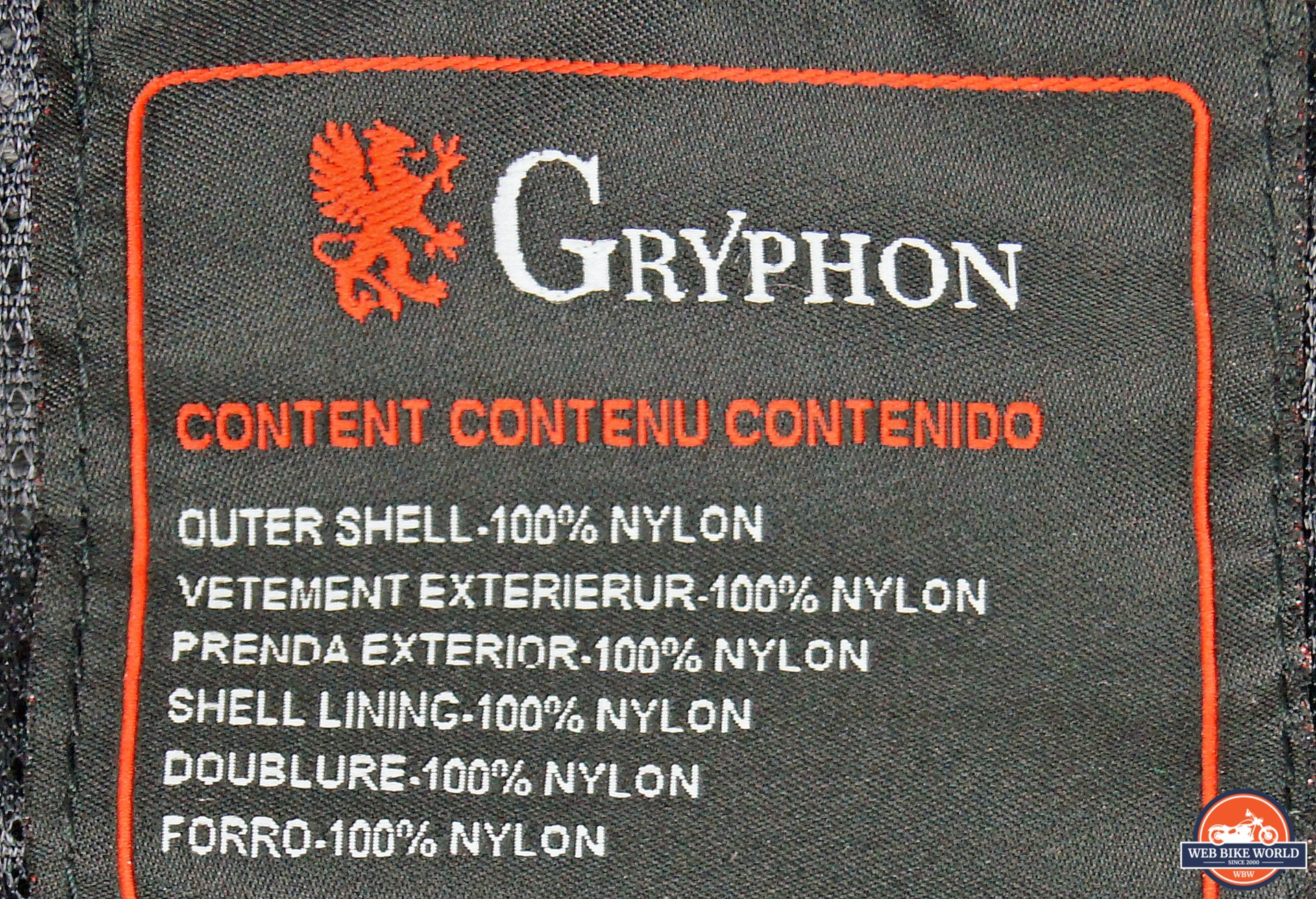 Tag detailing materials used in Gryphon Moto Blue Ridge Jacket