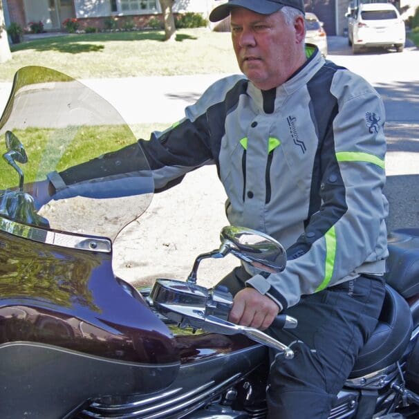 Author wearing Gryphon Moto Blue Ridge Jacket