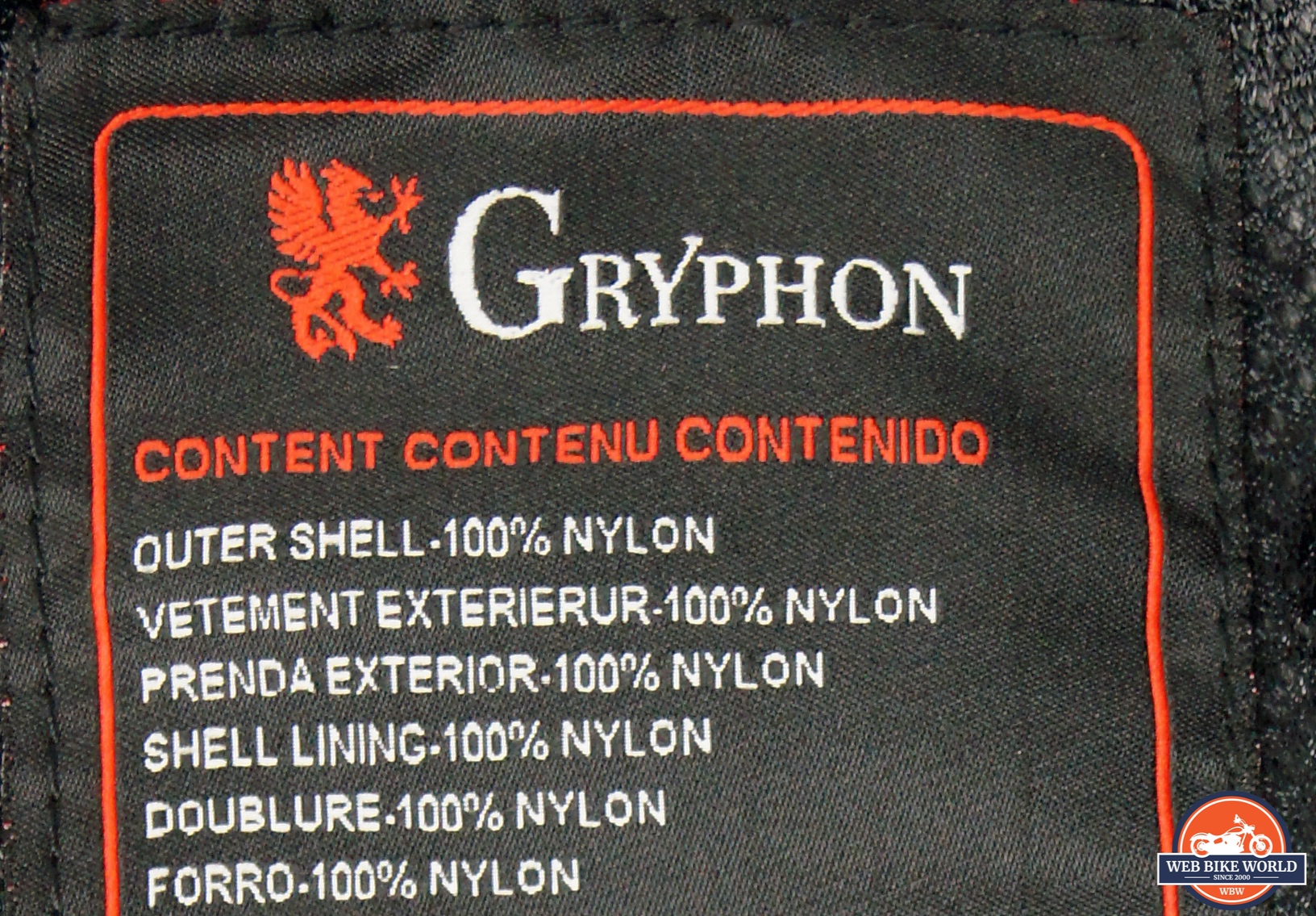 Care instructions on tag of Gryphon Moto Copper Canyon Pants
