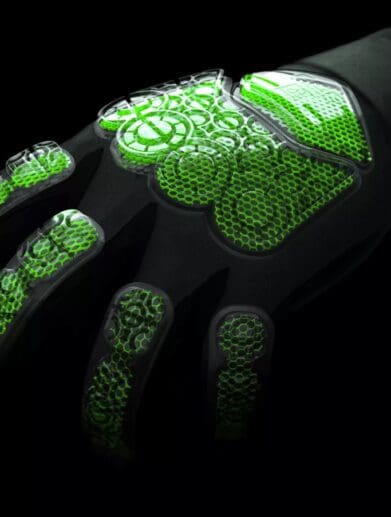 A computer render of gloves with Koroyd armor