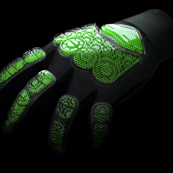 A computer render of gloves with Koroyd armor
