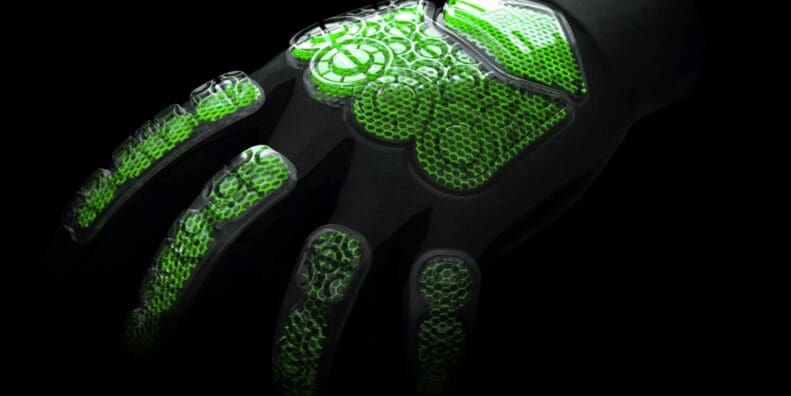 A computer render of gloves with Koroyd armor