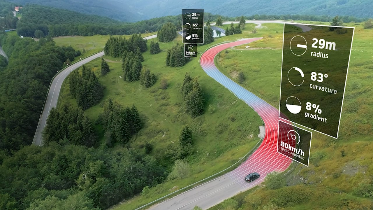 A car going around a bend, moderated by Intelligent speeding assistance. Media sourced from TomTom. 