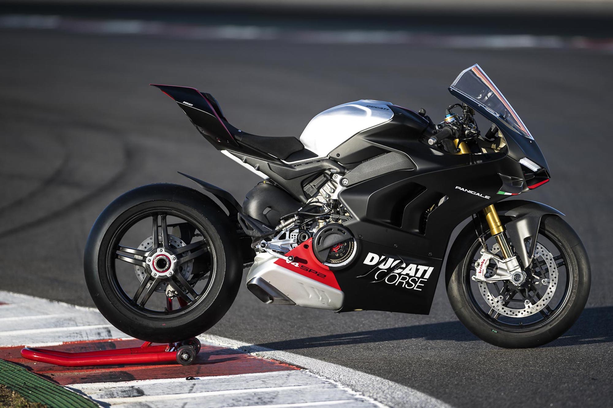 The Ducati Panigale V4 SP2 ona. racetrack. Media sourced from Ultimate Motorcycling.