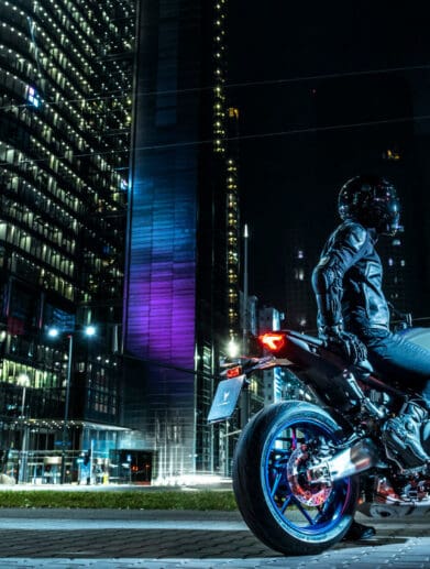 A motorcyclist enjoying night life. Media sourced from Yamaha Motors.