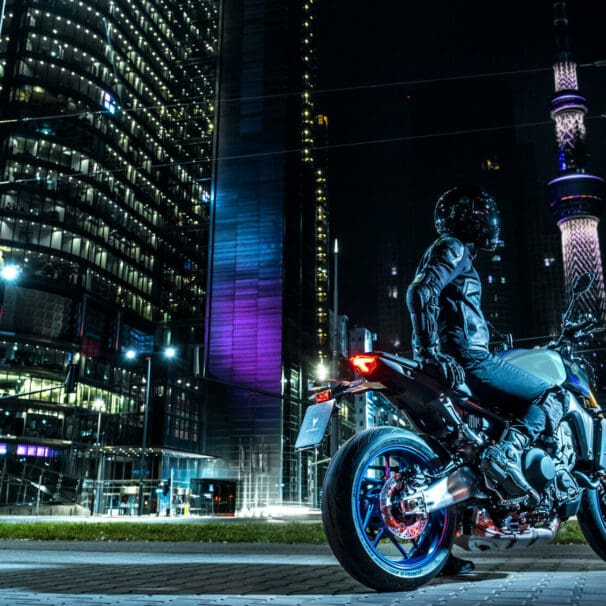 A motorcyclist enjoying night life. Media sourced from Yamaha Motors.