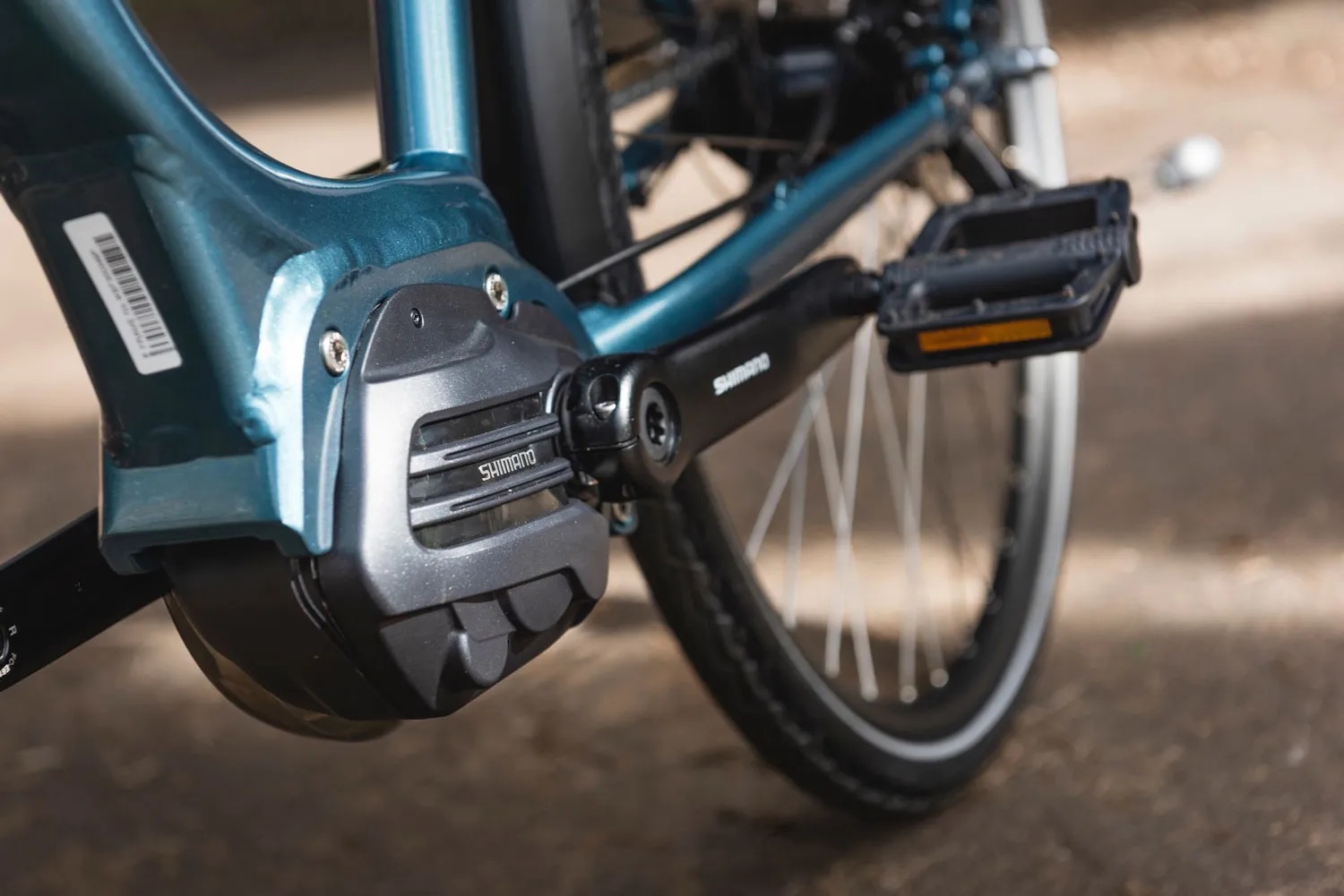 Close-up shot of Shimano mid-drive motor system for an electric bike