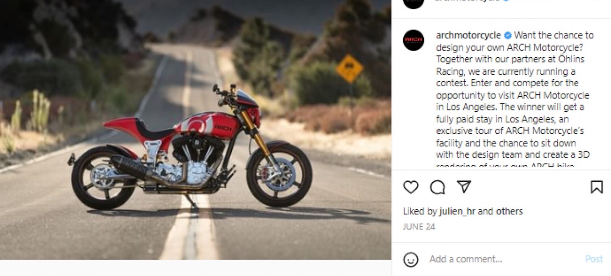 A view of ARCH Motorcycles in the bid to enter SRCH's and Ohlins's Social Contest. Media sourced from motorcycle.com