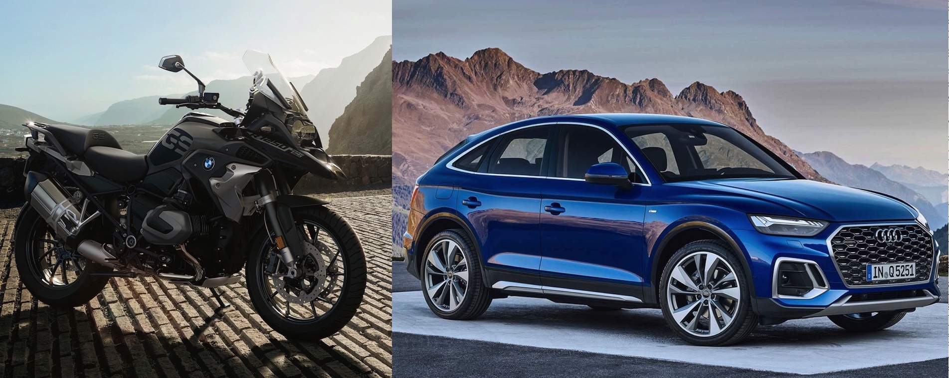 A BMW R 1250 GS with a Audi Q5 Sport Back 45 TFSI Quattro. Media sourced from BMW and Edmunds.