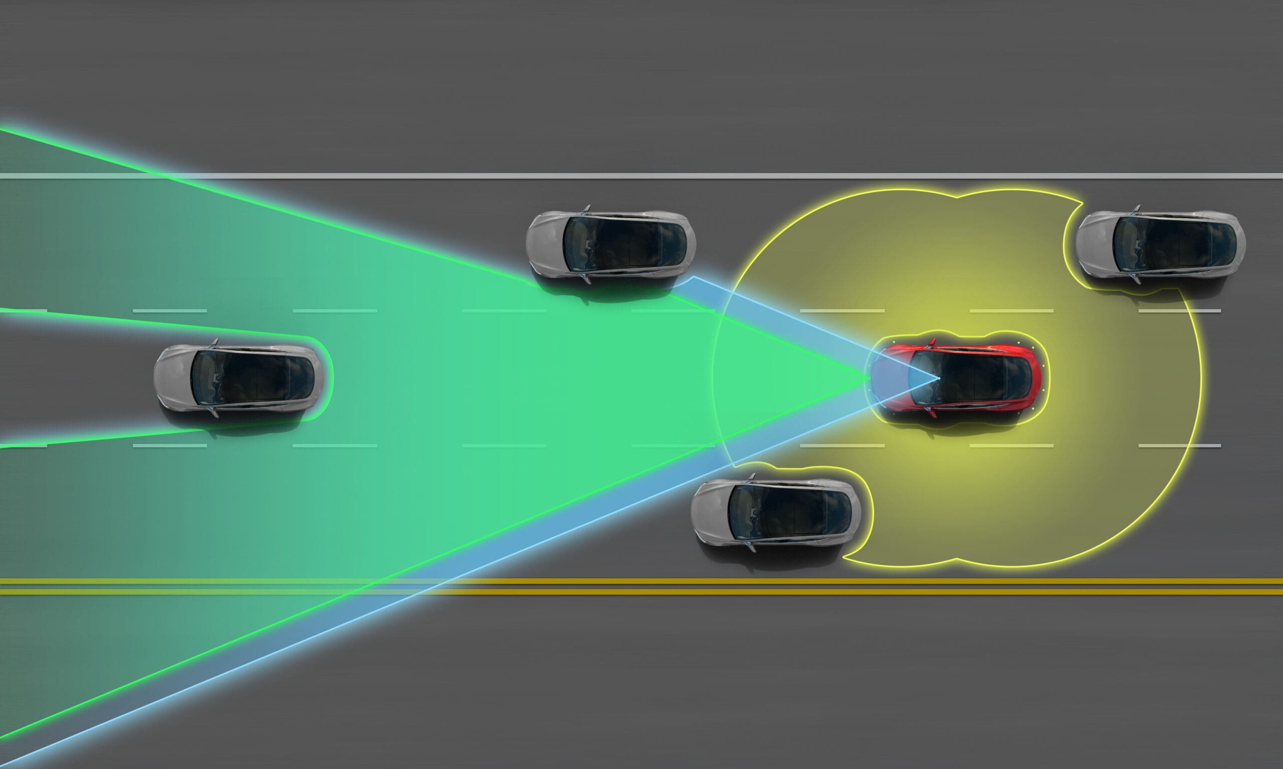 A Tesla's range of view when in Autopilot. Media sourced from Ars Technica.