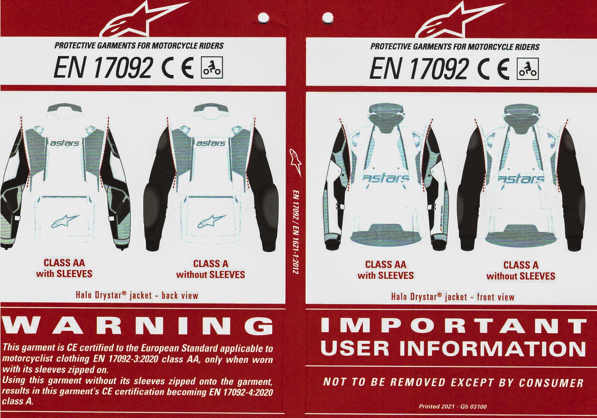 Label for Alpinestars Halo Drystar Jacket explaining Class rating with sleeves on or off