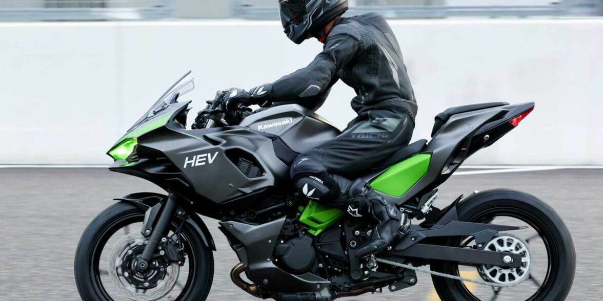 A view of Kawasaki's 'HEV' and 'EV' hybrid and electric motorcycles, revealed in final prototype stage at the 2022 Suzuka 8-Hour Race in Japan. Media sourced from
