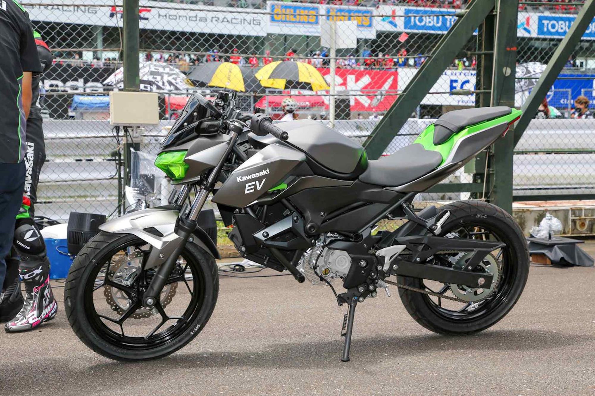 A view of Kawasaki's 'HEV' and 'EV' hybrid and electric motorcycles, revealed in final prototype stage at the 2022 Suzuka 8-Hour Race in Japan. Media sourced from