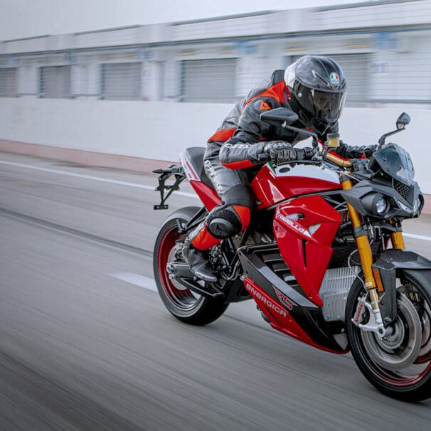 A front-quarter view of the Energica Ribelle. Media sourced from EMC.