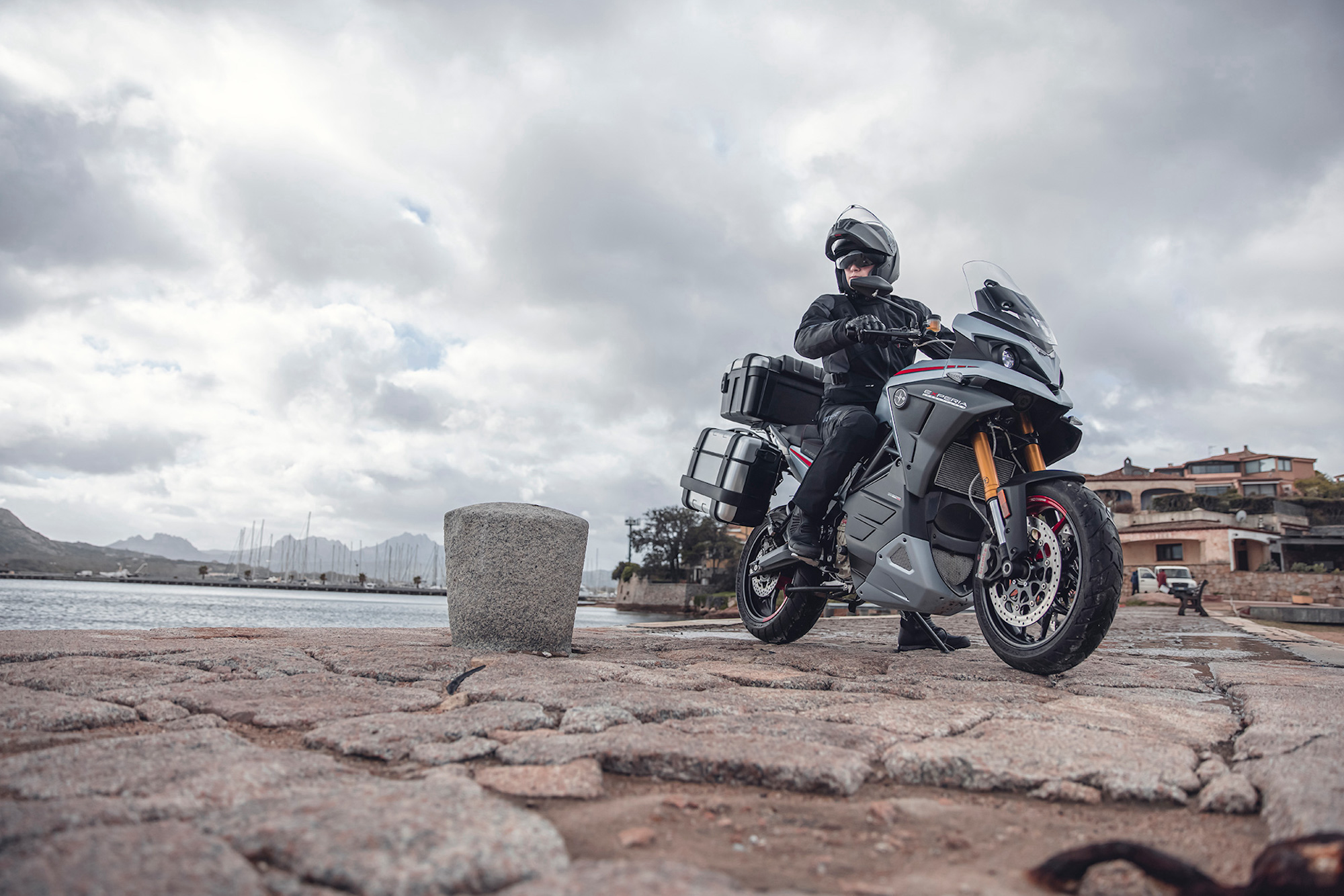 A rider enjoying the Energica Experia, Energica's newest addition to their trifefcta and their first adventure bike. Media sourced from EMC.