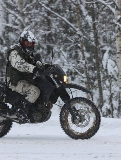 Rider on ADV bike in snowy Finland