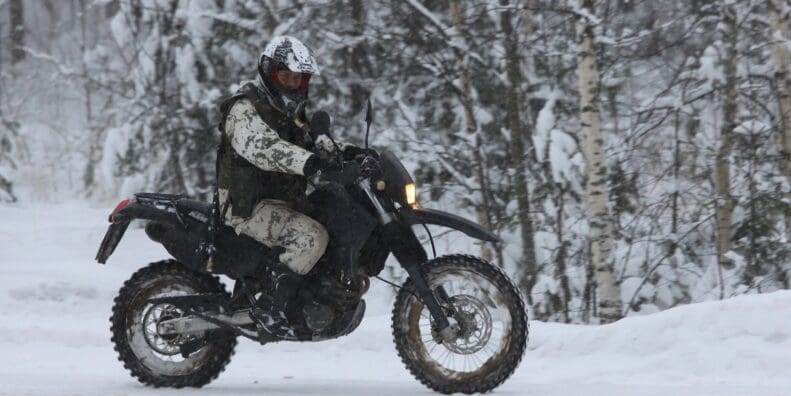 Rider on ADV bike in snowy Finland