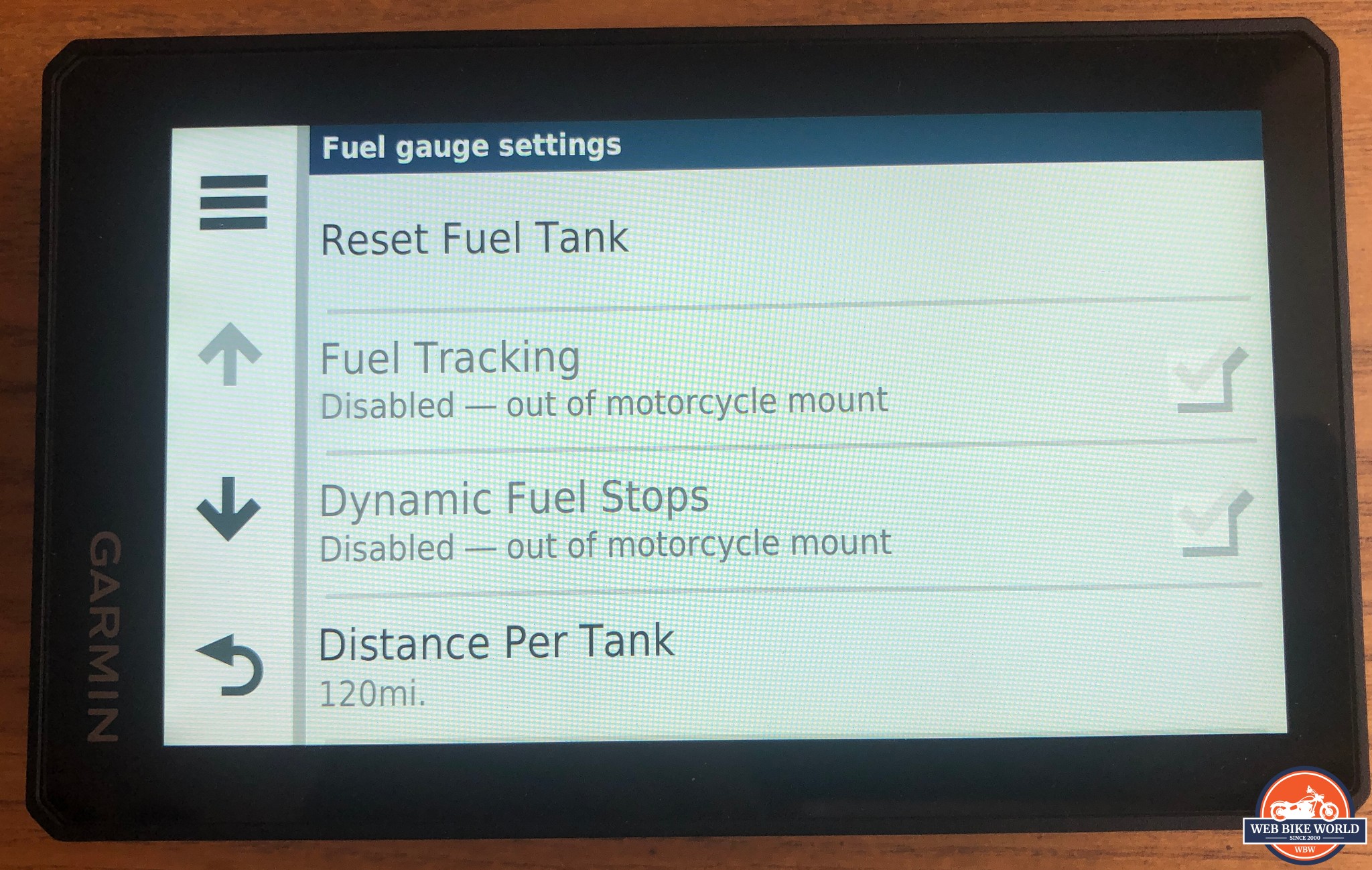 Fuel settings on Garmin Zumo XT GPS 