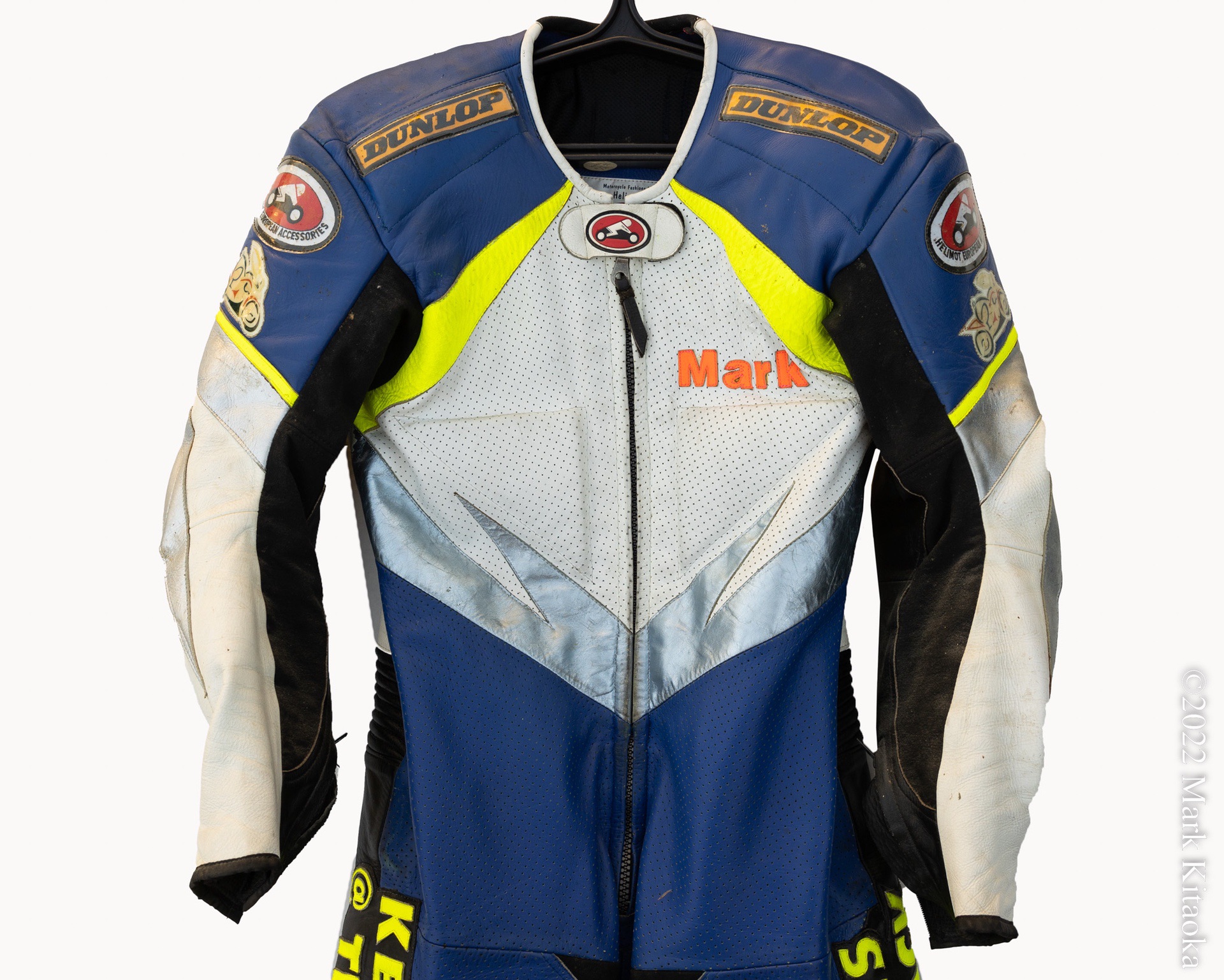 Front of author's custom leather racing gear