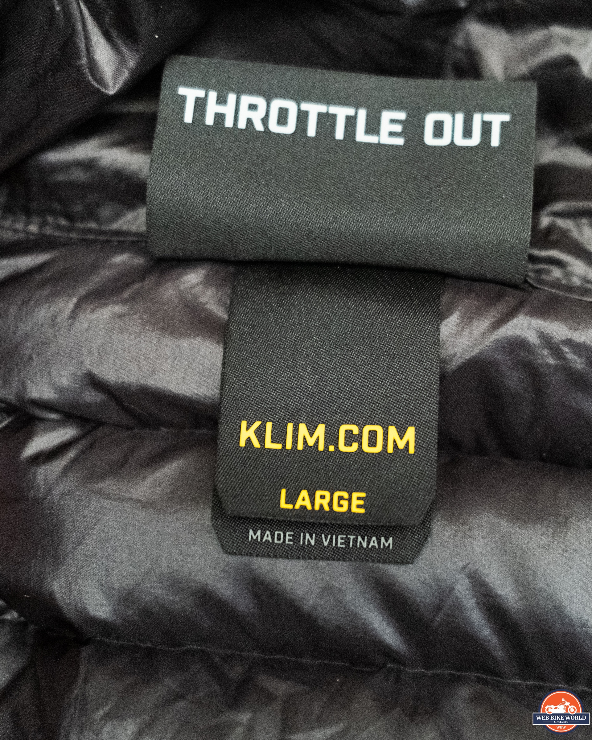 Sizing label inside Klim Maverick Down Motorcycle Jacket