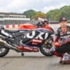 Suzuki’s MotoGP test rider and reigning Endurance World Champion (EWC), Sylvain Guintoli, with his brand new 'Bush, courtesy of Suzuki. Media sourced from MCN.