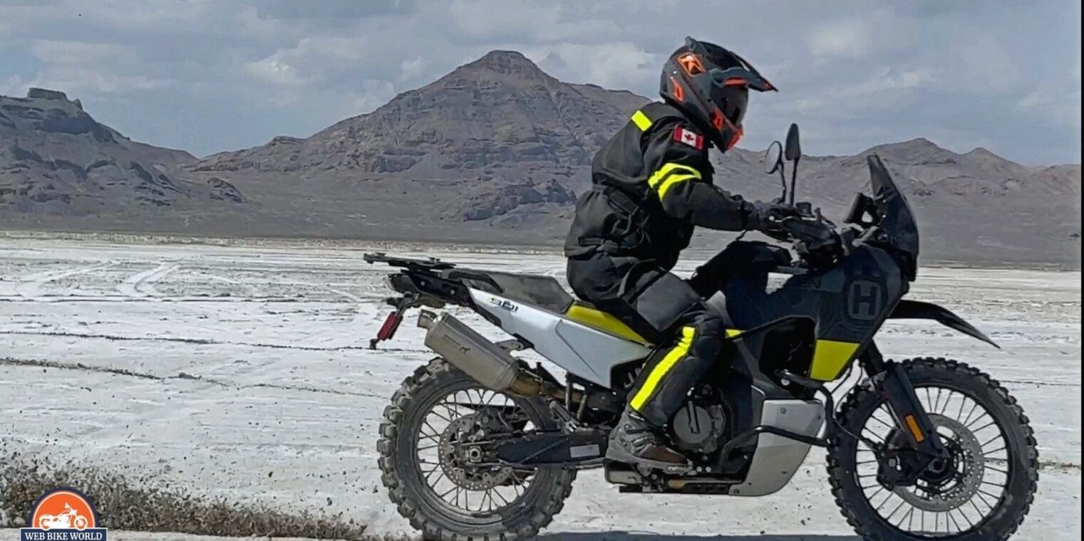 Jim riding a Husqvarna Norden 901 on the Bonneville Salt Flats using Motoz Tractionator Rallz tires.