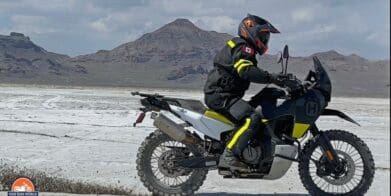 Jim riding a Husqvarna Norden 901 on the Bonneville Salt Flats using Motoz Tractionator Rallz tires.