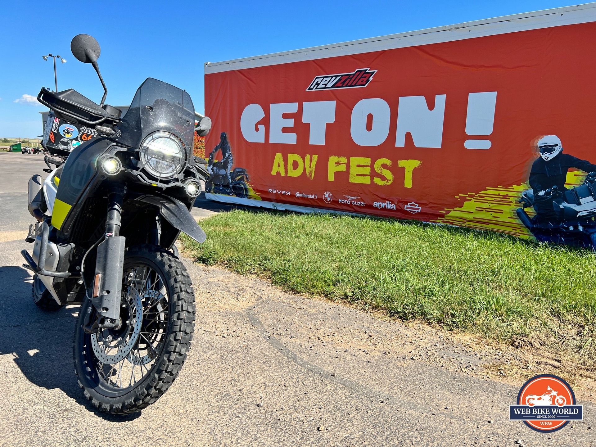 My Norden 901 parked at the welcome sign of the 2022 GET ON! Adventure Fest Sturgis.