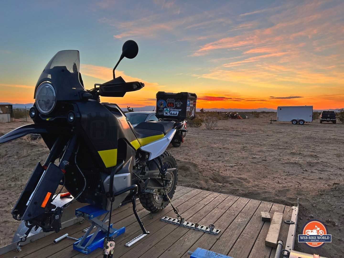 Author's motorcycle parked during sunrise in the Mojave desert