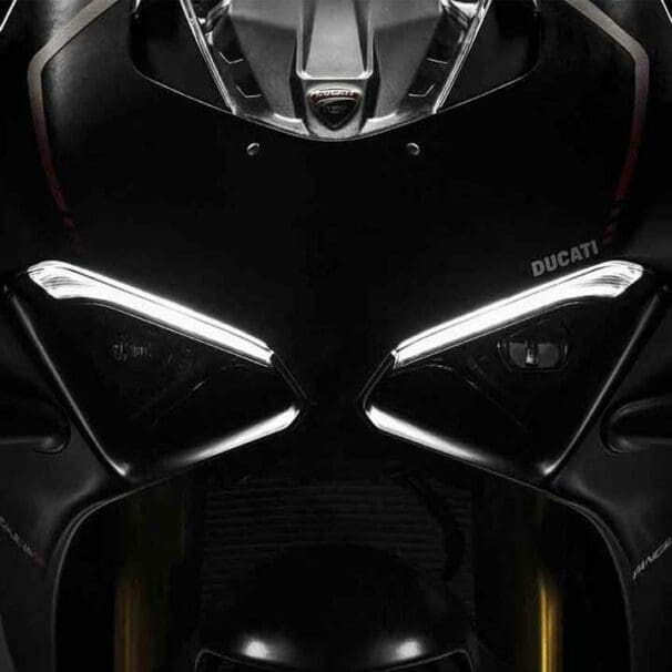 A frontal view of the iconic Ducati head fairing. Media sourced from RideApart.