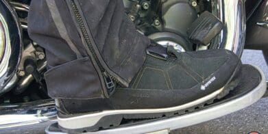 Side vide of REV'IT Pioneer GTX Boot on motorcycle floorboard