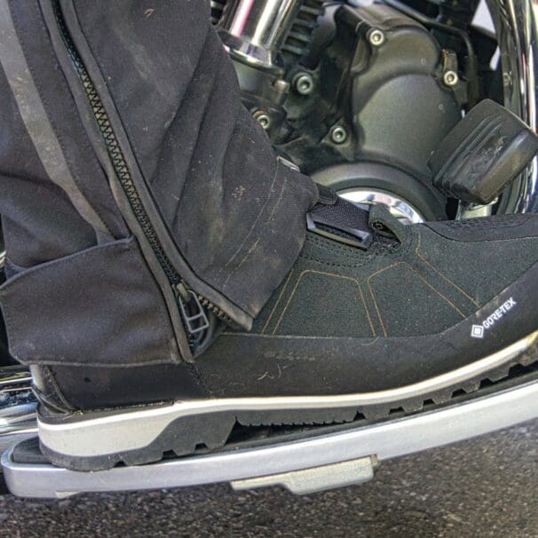 Side vide of REV'IT Pioneer GTX Boot on motorcycle floorboard