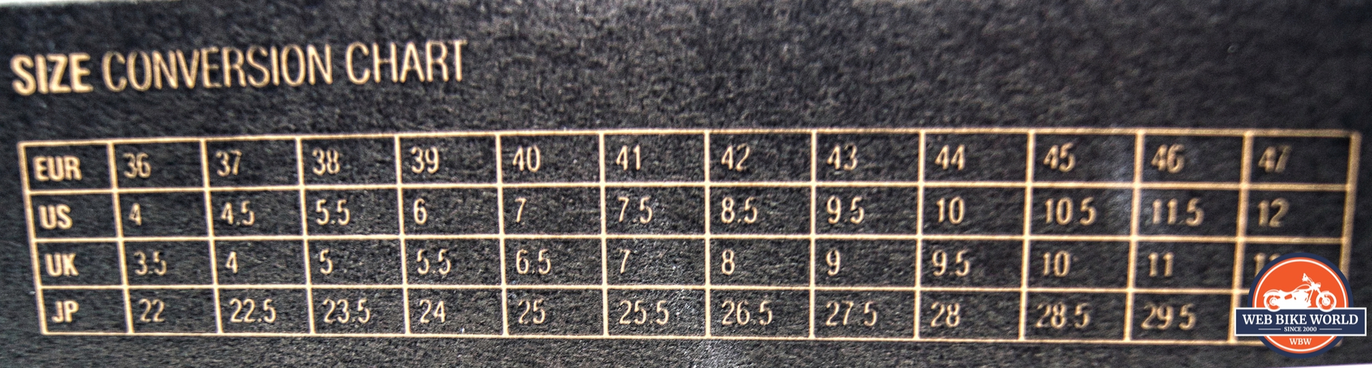 Sizing conversion chart for REV'IT Pioneer GTX Boots