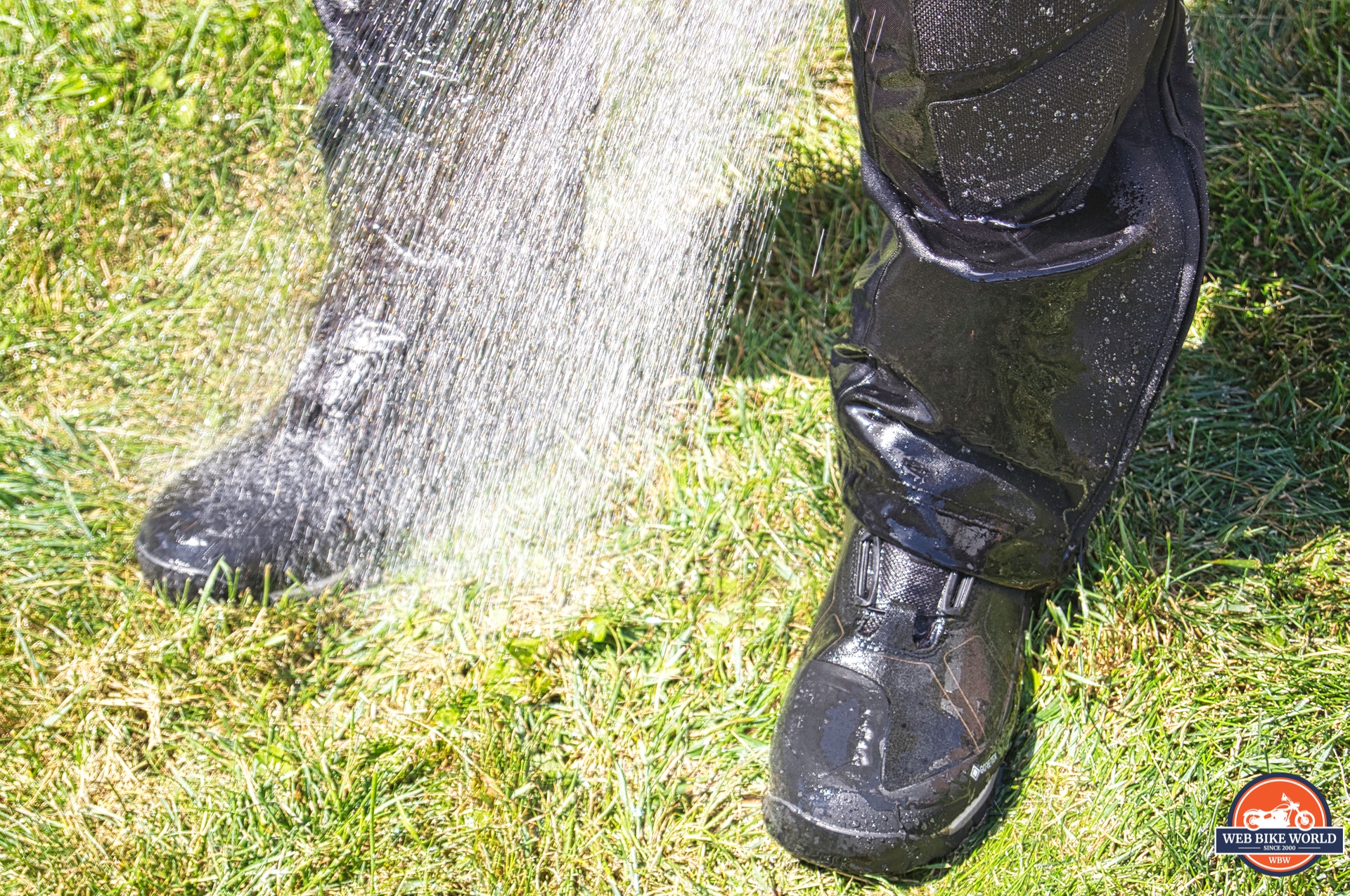 Water from garden hose being sprayed on REV'IT Pioneer GTX Boots