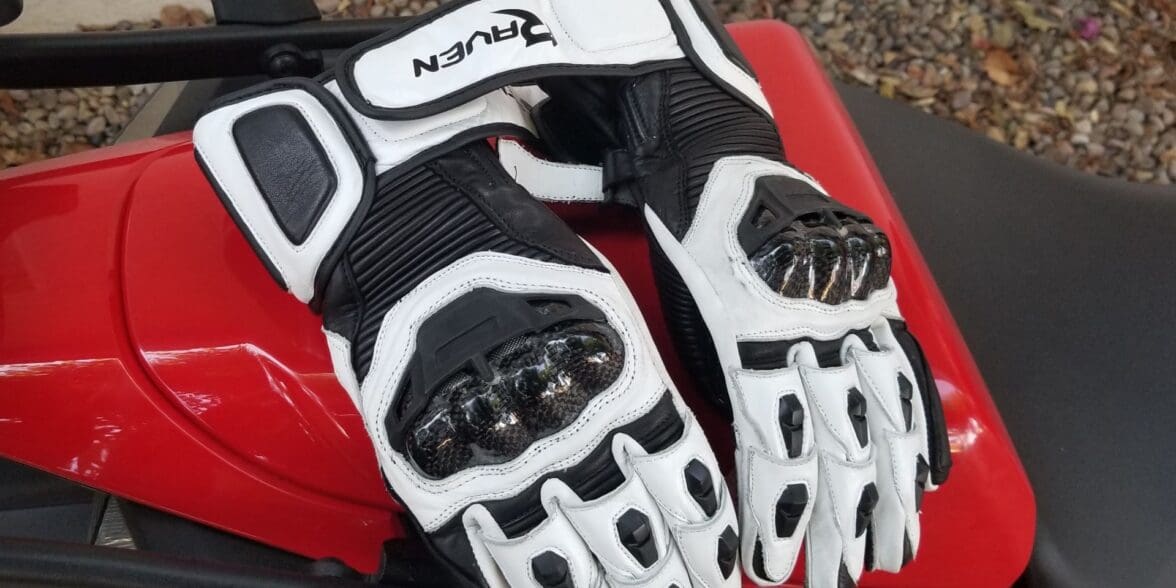 Raven Moto Storm Gloves on red motorcycle