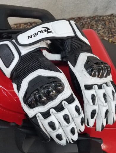 Raven Moto Storm Gloves on red motorcycle