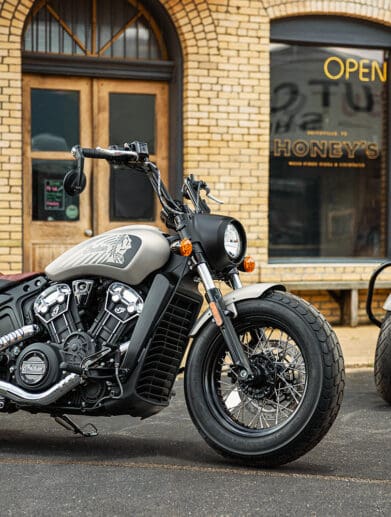 A series of Indian bikes at a pizzeria. Media sourced from Rider Magazine.