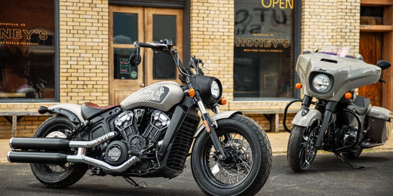 A series of Indian bikes at a pizzeria. Media sourced from Rider Magazine.