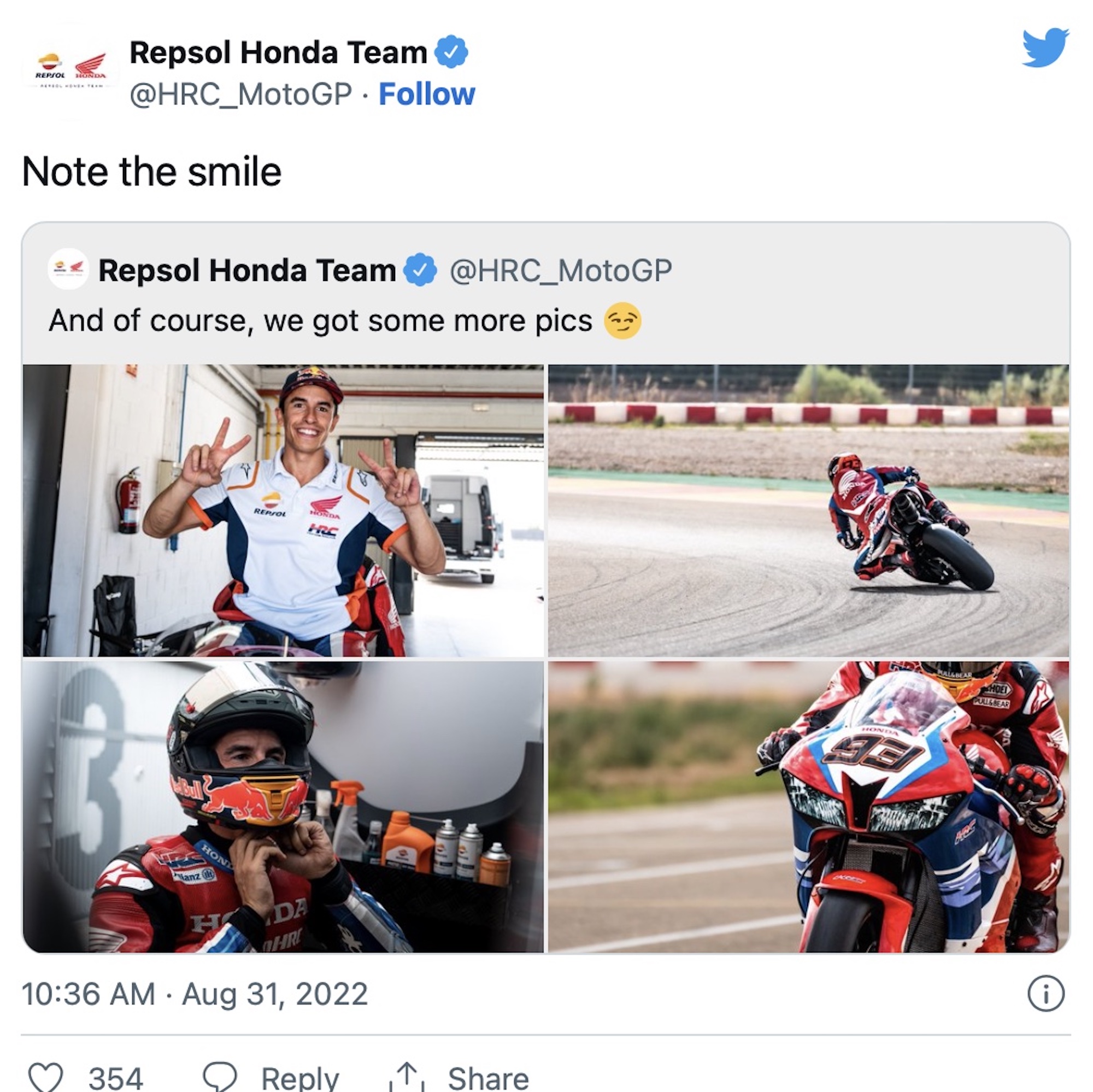 Updates on Marc Marquez from Honda Repsol. Media sourced from Twitter.