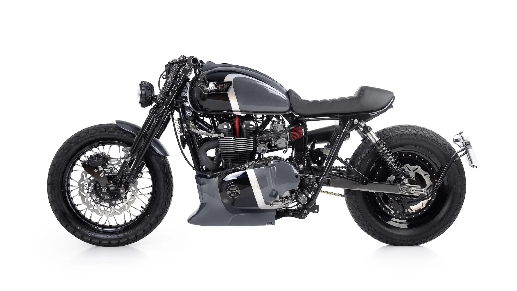 'JBBS,' the custom Bonneville cafe racer courtesy of Tamarit Motorcycles. Media sourced from Tamarit Motorcycles.