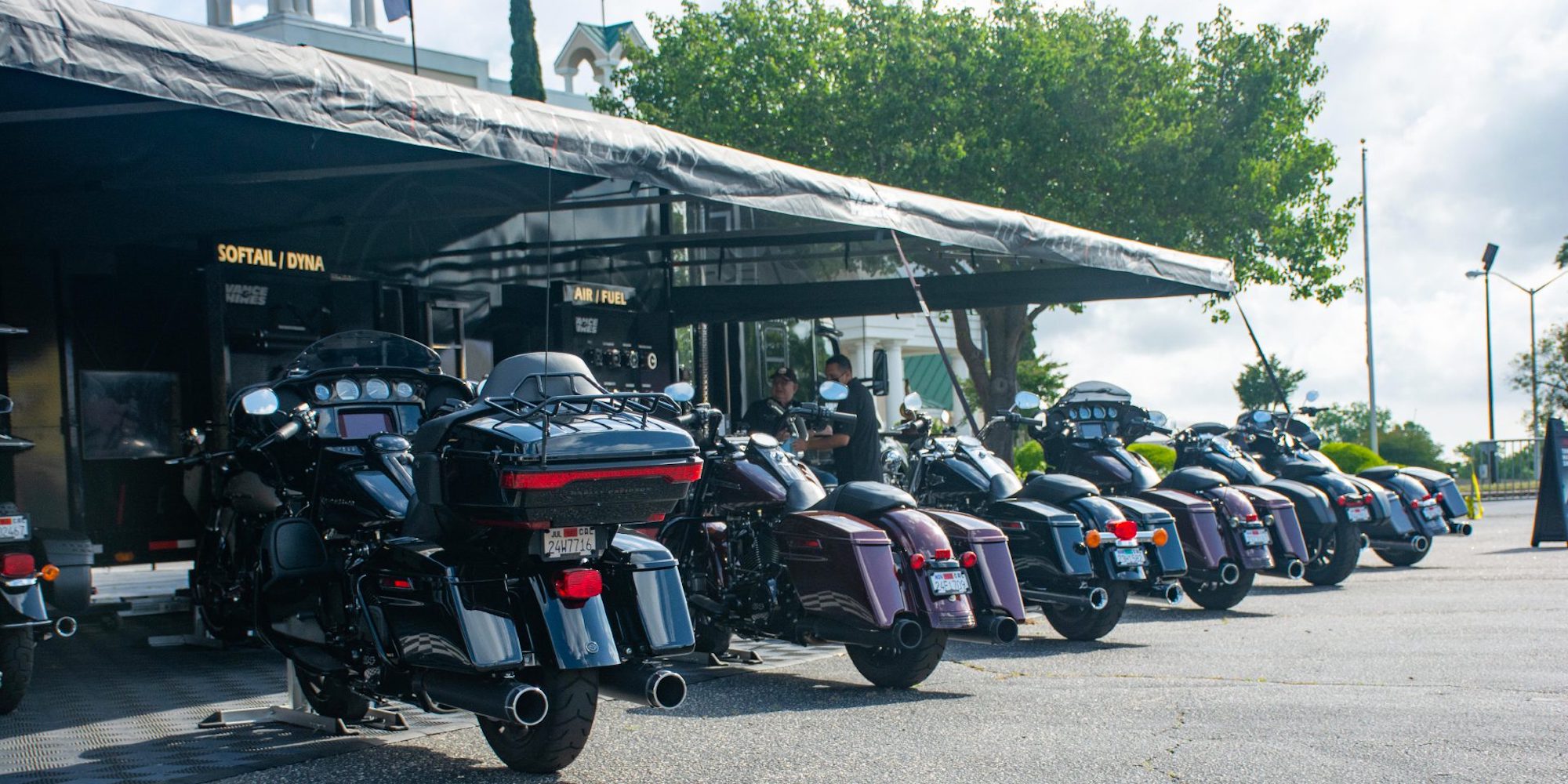 A lineup of motorcycles outside the Vance & Hines truck at the 2022 Sturgis Motorcycle Rally. Media sourced fro Vance & Hines' website.